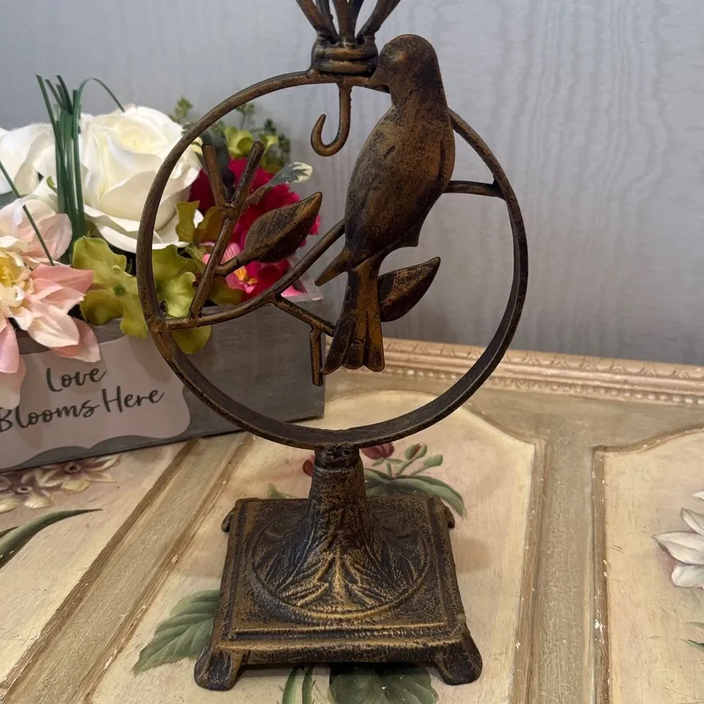 Bird & Leaf Design Brass Tone Finish Metal Candle Holder